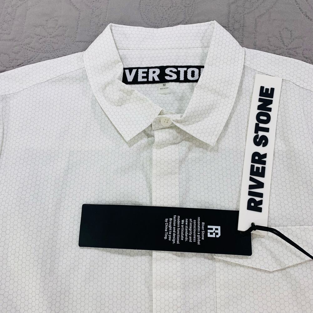 River Stone Shirt Mens Medium White Hexagon Beehive Short Sleeve White‎ NWT